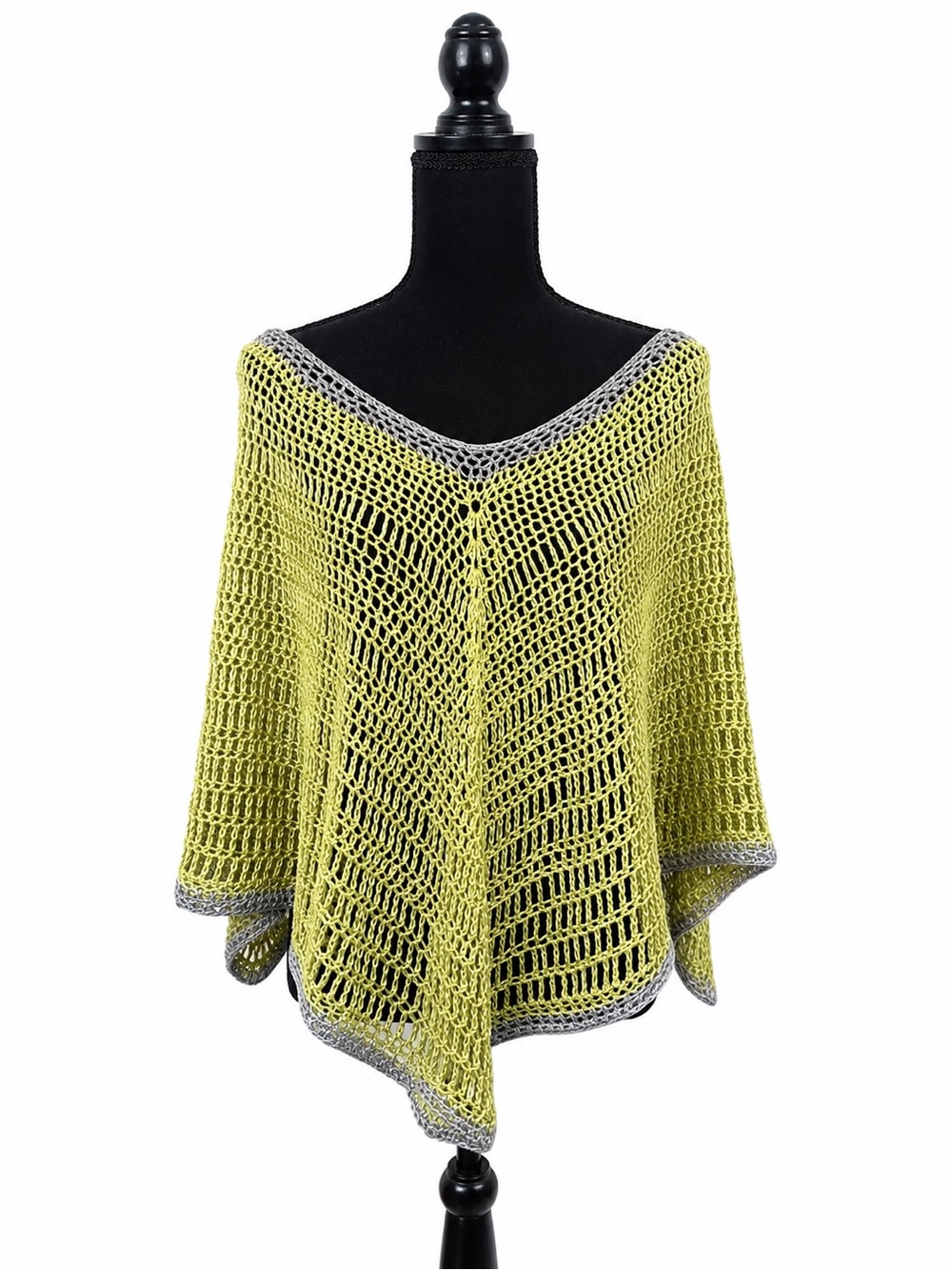 Hand made Green Crochet poncho with grey trim 100% cotton